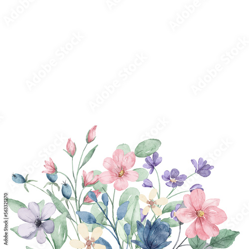 Fototapeta Naklejka Na Ścianę i Meble -  Digital greeting background with place for text. Floral watercolor flower border.