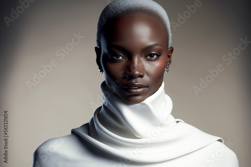 Close-up portrait of a young, beautiful bald black woman on a neutral background - not based on a real person, Generative AI