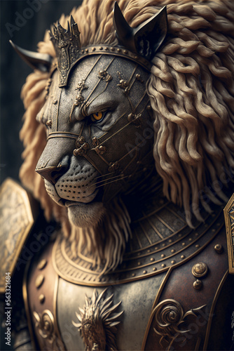Anthropomorphic lion king in medieval armor, animal warrior portrait, against black background, art created by ai