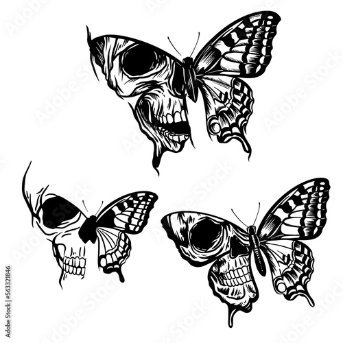 Butterflies with skull on wings, hand drawn vector art with tattoo style

