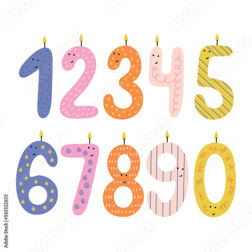 Set colorful birthday number character with candles. Decor for Birthday cake. Vector hand drawn isolated illustration for celebration party