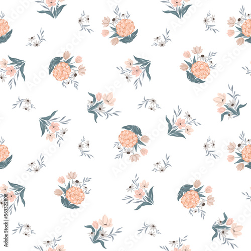 Floral bouquets with little flowers, seamless pattern with vector hand drawn art 