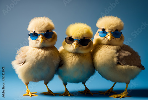 Fotografering Cute spring baby chick wearing cool sunglasses. Generative ai