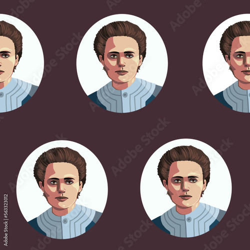Marie Curie - Portrait of woman scientist , seamless pattern with vector hand drawn art
