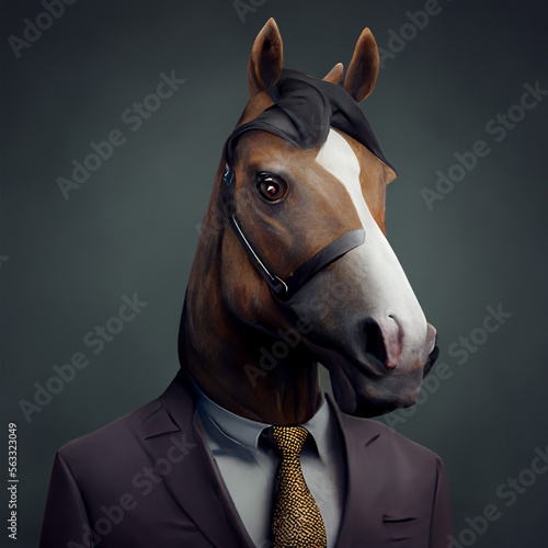 Portrait of a horse in a suit and tie on a gray background. Created by AI © Dzen