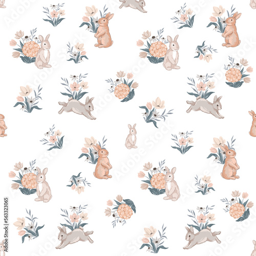 Cute bunnies with flowers, seamless pattern with hand drawn illustrations and Easter theme 