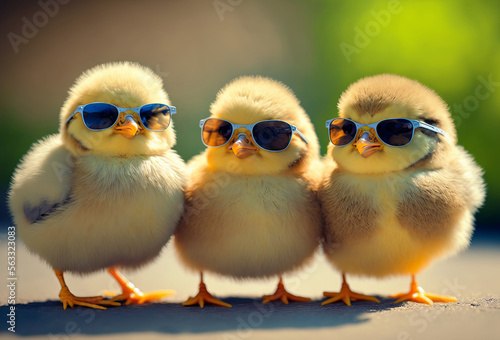 Fotobehang Cute spring baby chick wearing cool sunglasses. Generative ai
