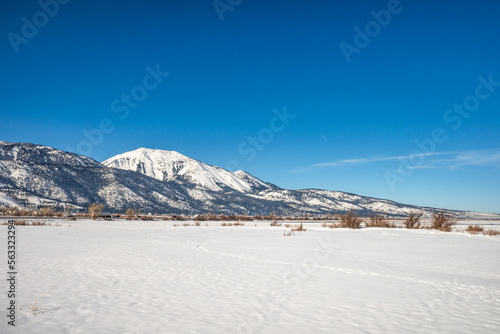 Snow covered frozen landscape with Mt Rose and Slide Mountain, in Washoe Valley between Reno and Carson City Nevada.
