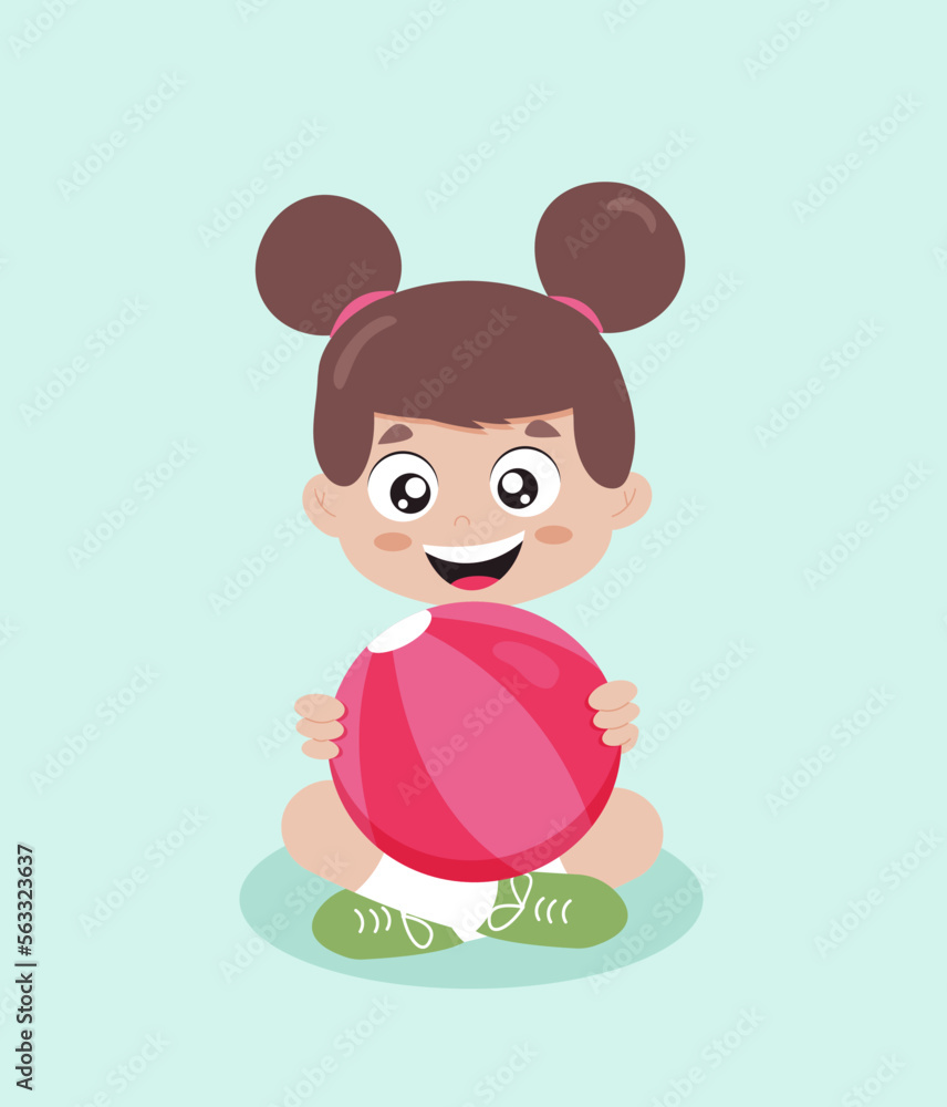 A child with a ball in his hands. Happy smiling girl holding a ball in her hands. The child sits with the ball in his hands. Vector illustration. A child with a ball in his hands. Happy smiling girl holding a ball in her hands. The child sits with the ball in his hands. Vector illustration.