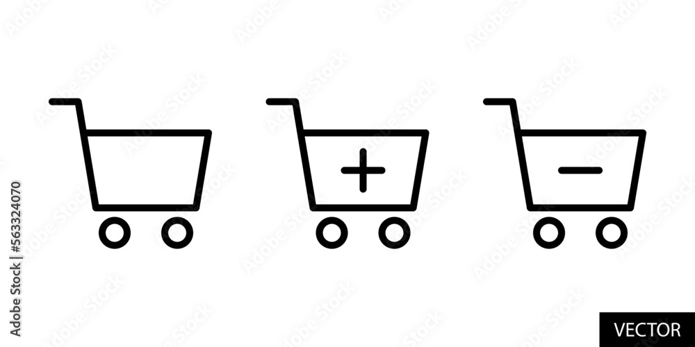 Cart, add to cart, remove from cart vector icons in line style design for website, app, UI, isolated on white background. Editable stroke. Vector illustration. Cart, add to cart, remove from cart vector icons in line style design for website, app, UI, isolated on white background. Editable stroke. Vector illustration.