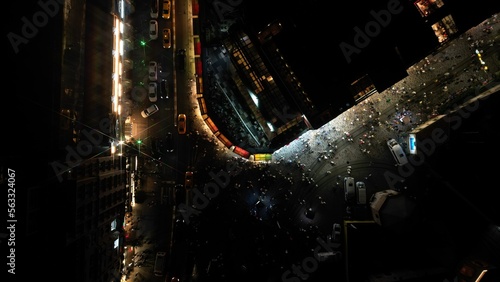 The course of life. Istanbul night view from above. Traffic jams of the metropolis. The view from the drone.