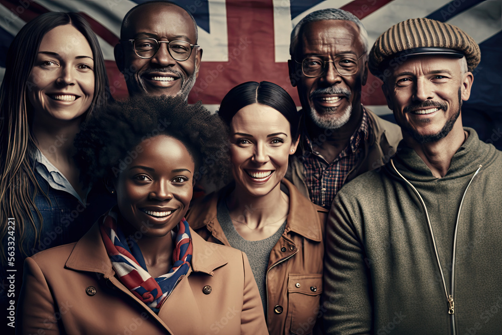Portrait of a group of happy, smiling, confident people - British, flag, Britain, UK, United Kingdom - obrazy, fototapety, plakaty 