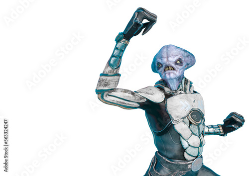 official alien on a sci-fi outfit doing a fighter pose in a white background © DM7
