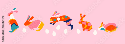Set of Easter bunny rabbits silhouettes vector illustration. Standing, running, sitting and jumping rabbits decorated with geometric patterns. Poster, banner, greeting card