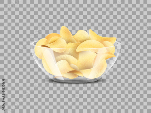 Chips bowl, 3d potato snack. Harmful junk salty food in glass meal dish isolated on transparent background, nutrition taste. Spice, fat and fried vegetable slices. Vector realistic illustration