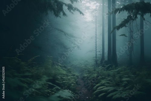 A dreamy and misty forest scene with a peaceful and serene atmosphere, perfect for a nature hike or a tranquil escape generative ai © Arisctur
