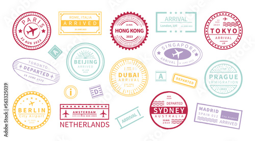 Passport travel stamp. Vintage Visa signs. Vacation in Paris or Amsterdam. Country airports seals. Dubai and London airplane journey. Arrival in Tokyo badge. Vector illustration set