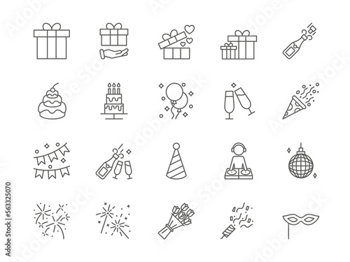 Birthday party. Happy event icons. Line ball and present box. Festival cake. Confetti cracker. DJ and champagne glass. Bottle of drink. Firework symbols. Vector outline pictograms set
