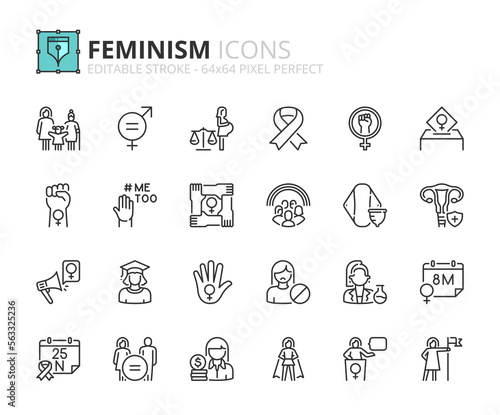Simple set of outline icons  about feminism.