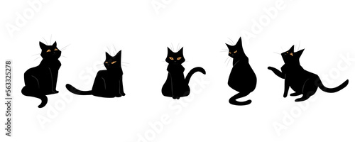 Black cats. Cute kitties in different poses. Domestic animals silhouette set. Feline breed, isolated pets various positions. Standing funny pussycat with yellow eyes. Vector illustration