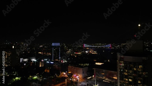 The course of life. Istanbul night view from above. Traffic jams of the metropolis. The view from the drone.