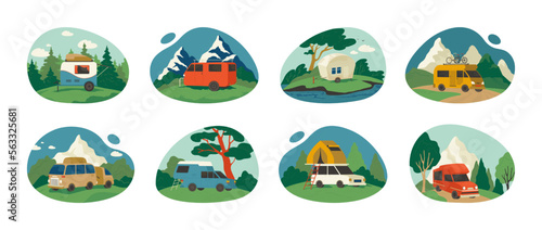 Caravan camp. Home car. RV truck. Adventure in camper van. Retro travel vehicle. Holiday lifestyle. Nature vacation. Campsite transport. Mobile trailers set. Vector doodle illustrations