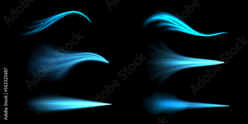Air flow. Realistic fresh wind. Clean cold blue wave. Smoke with light glow filter. Light sparkles. Aroma stream. Water splash. Magic dust curve trail. Vector illustration blow effect set