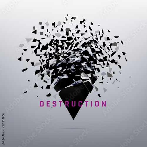 Abstract triangle fragments. Broken glass shatters. Scatter particle pieces. Destruction effect. Splash or explode. Geometric splinters elements. Vector disintegrate debris background