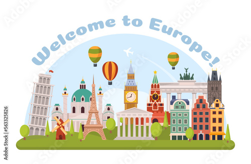 World travel. Welcome to Europe. Eiffel tower or Big Ban. Architecture landmarks. Map with famous monuments. Destination place. Historic heritage. Tourism tour background. Vector concept