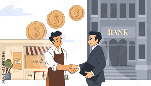 Small money loan. Business entrepreneur paying financial debt. Shop owner take cash from banking credit. Businessman and lender. Bank and cafe buildings. Vector illustration concept