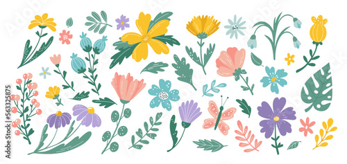 Cute abstract flowers, tulip blossom. Scandinavian botanical paint, bouquet with foliage, chamomile motif. Childish floral decor. Doodle style decorative collection. Vector illustration set