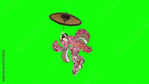 浮世絵　傘で飛ぶ和服美人　その2	グリーンバック