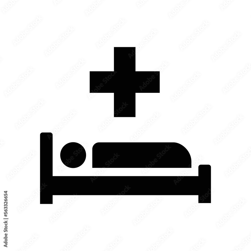 hospital icon, black isolated icon with medical cross and person in bed symbol, vector illustration hospital icon, black isolated icon with medical cross and person in bed symbol, vector illustration