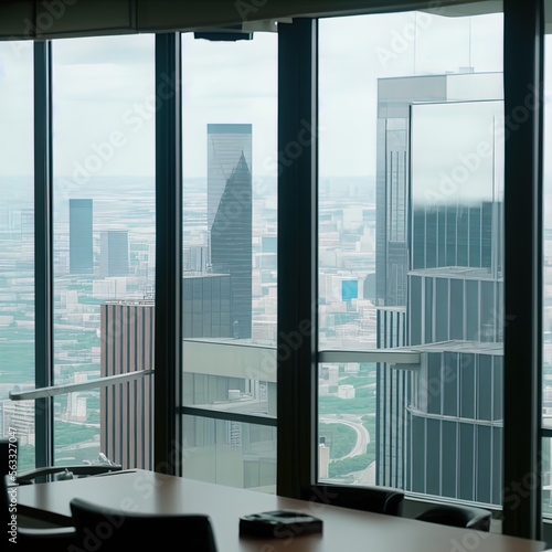 Executive corner office in a high rise, showing view of the city below. 