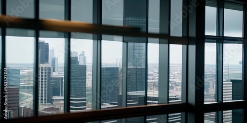 Executive corner office in a high rise  showing view of the city below. 