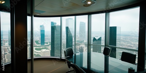 Executive corner office in a high rise, showing view of the city below. 