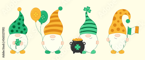 Saint Patricks Day Irish lucky gnomes with clover, balloon, pot of gold coins and Irish flag. Vector illustration