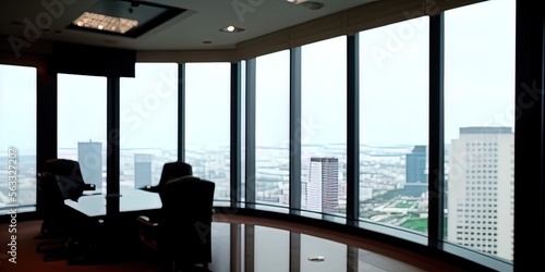 Executive corner office in a high rise, showing view of the city below. 
