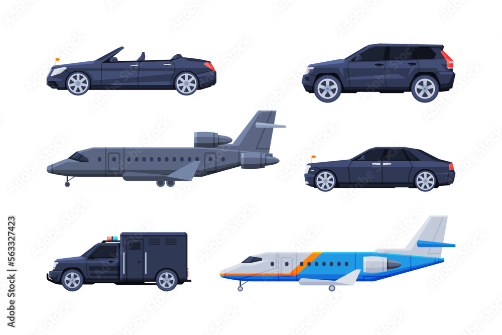 Government Vehicles and Black Presidential Auto and Airplane Vector Set