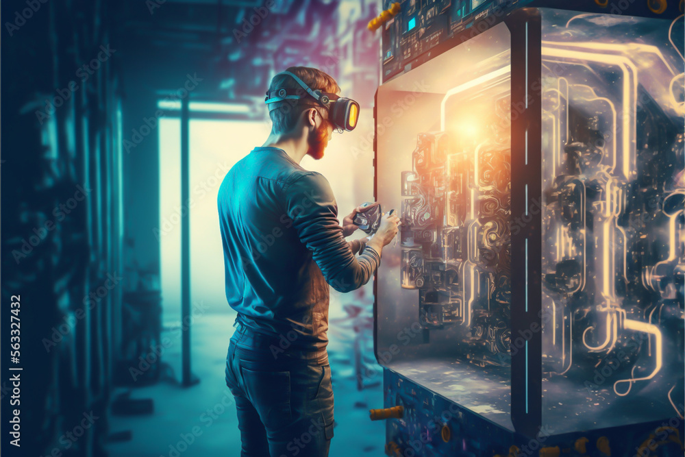 Obraz premium a man who uses Augmented Mixed Virtual Reality (AMVR) technology to bring his imagination to life. AMVR combines the physical world with the digital world, generative ai