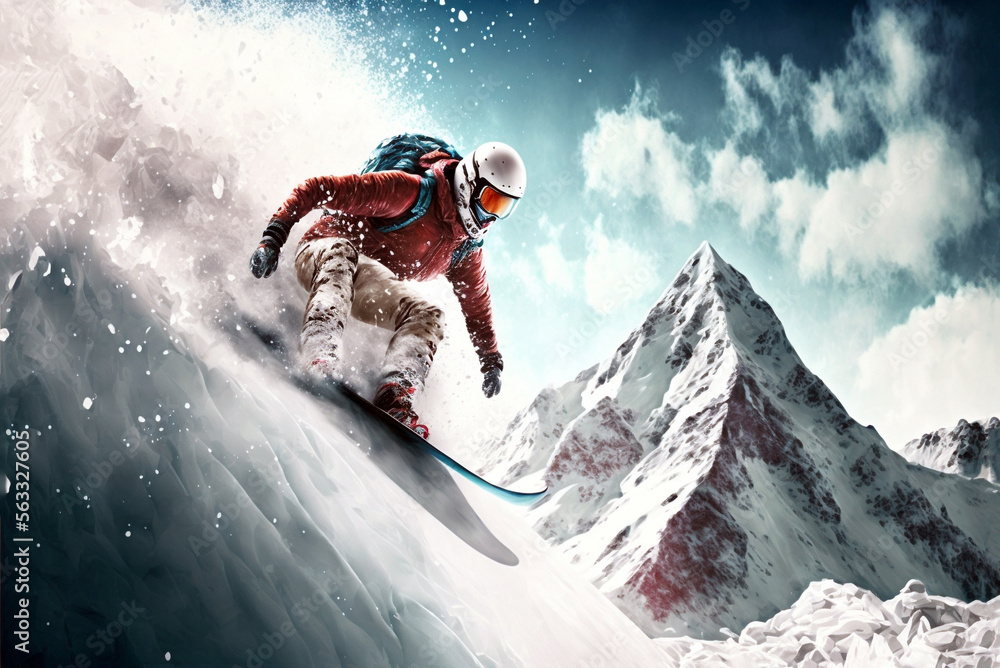 Winter sports, snowboarding. Snowboarder on the slope, close up low angle view. AI generative