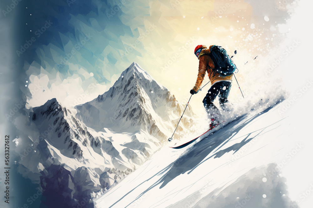Winter sport. Mountain ski. Skier on the slope, sunny day, AI generative
