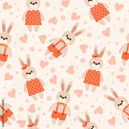 Seamless pattern of cute teddy bears and colorful hearts on a light background. Vector