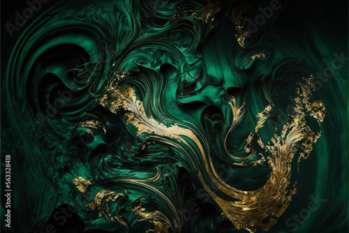 Abstract Liquid Swirls: An Intricate Flowing Blend of Green and Gold Paint in a Beautiful Liquid