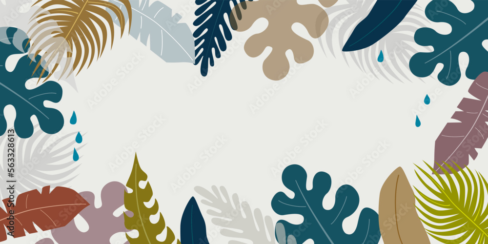 Modern concept design with tropical leaves, dense jungle. Minimalistic botanical frame, summer background and banner, trendy colors, summer panorama, colorful design Modern concept design with tropical leaves, dense jungle. Minimalistic botanical frame, summer background and banner, trendy colors, summer panorama, colorful design