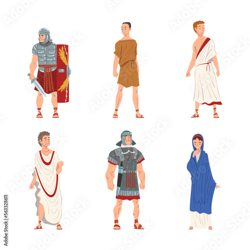 Ancient Roman People Characters with Soldier and Noble Citizens in Long Tunic Vector Set