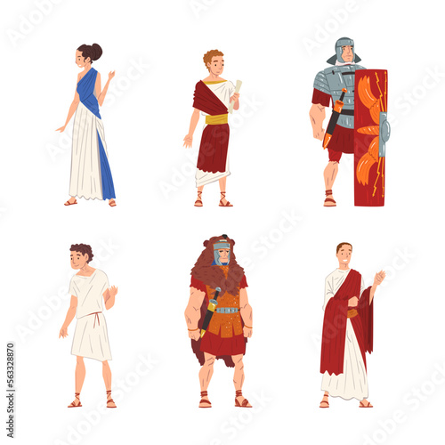 Ancient Roman People Characters with Soldier and Noble Citizens in Long Tunic Vector Set