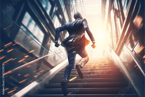 A businessman is running up the stairs with determination and speed, showing that success comes from hard work and dedication. He is on an upward journey to reach his goals generative ai