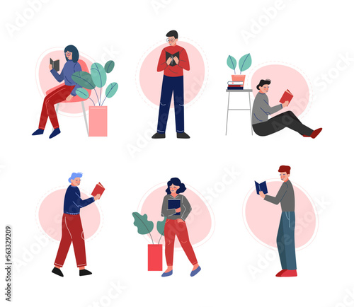People Characters Reading Book Sitting and Standing Vector Set