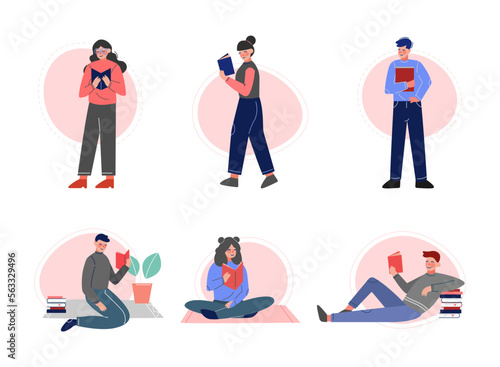 People Characters Reading Book Sitting and Standing Vector Set